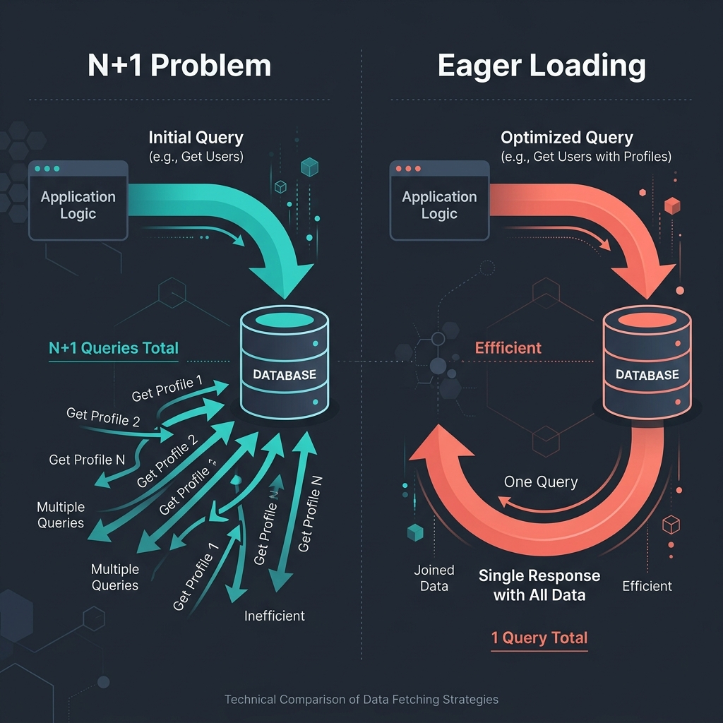 Diagram comparing the N+1 problem (many scattered queries) versus eager loading (one efficient query)