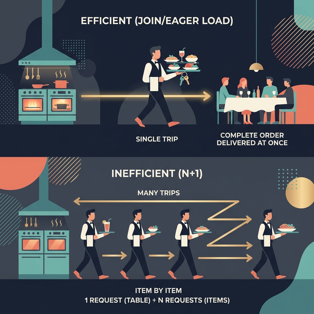 A visual analogy showing the inefficiency of N+1 queries compared to a single efficient query, using a restaurant waiter making multiple trips vs one trip
